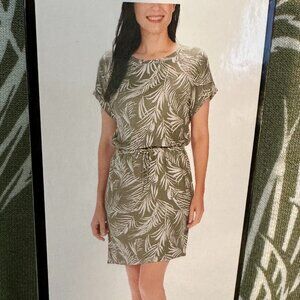 New Hilary Radley Midi Dress Women's Size L Green Tropical Drawstrings At Waist